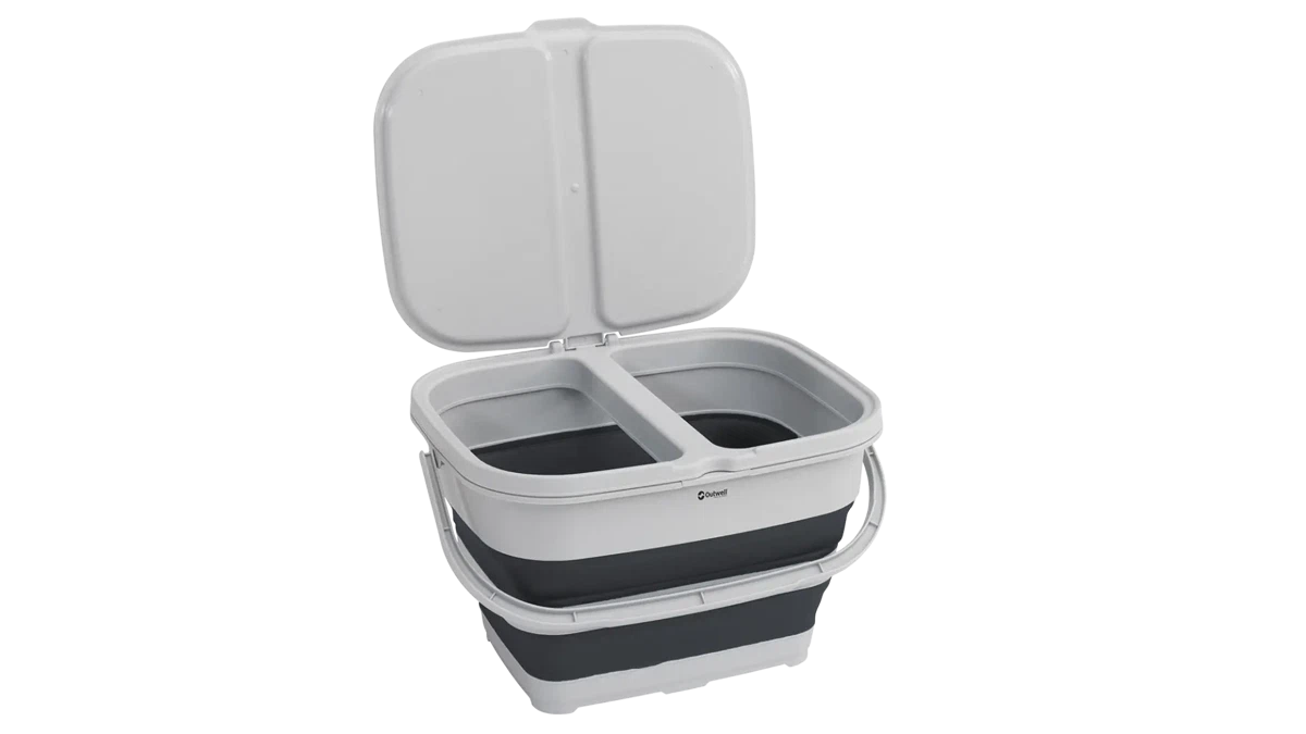 Outwell Collaps RecycleIt Basket in navy night, a collapsible storage bin with handles for eco-friendly waste organization.