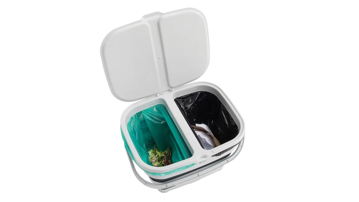 Outwell Collaps RecycleIt Basket in Navy Night, collapsible waste bin with handles for easy storage and eco-friendly organization.