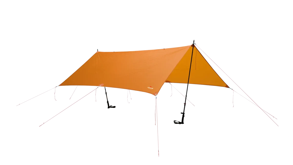 Robens Vestis 2.50 x 2.30 Solo UL tarp, lightweight tent accessory, shown with tent stakes and gear for outdoor camping.
