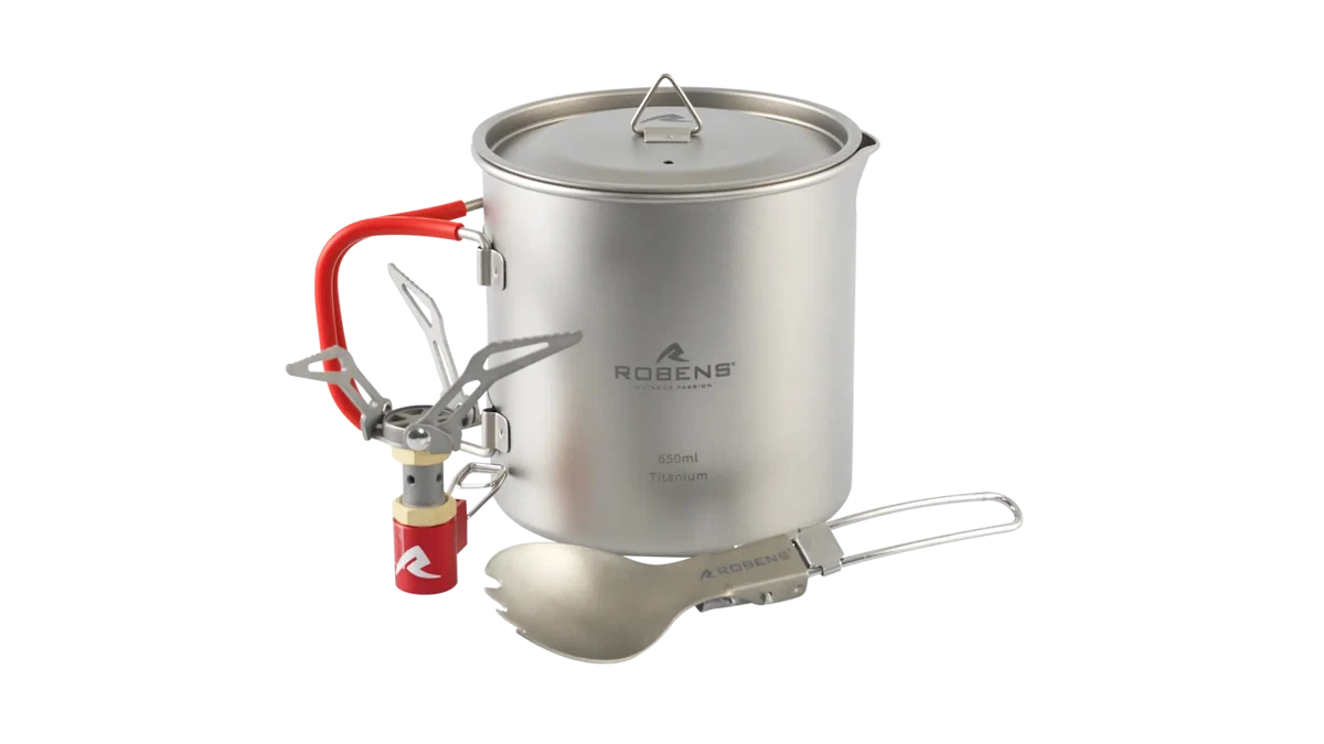 Robens Fire Wisp Solo Camping Cook Set with pot, lid, and utensils for outdoor cooking, compact and lightweight for camping trips.
