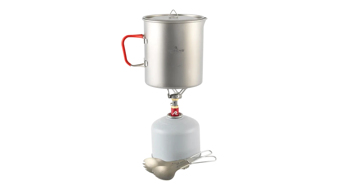 Robens Fire Wisp Duo camping cook set with pots and utensils for outdoor cooking, compact and lightweight for camping trips.