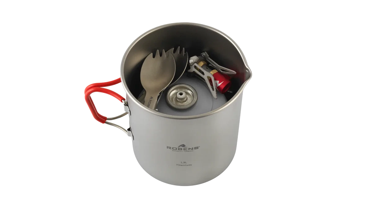 Robens Fire Wisp Duo Camping Cook Set with pots, pans, and utensils for outdoor cooking, compact and lightweight for camping trips.