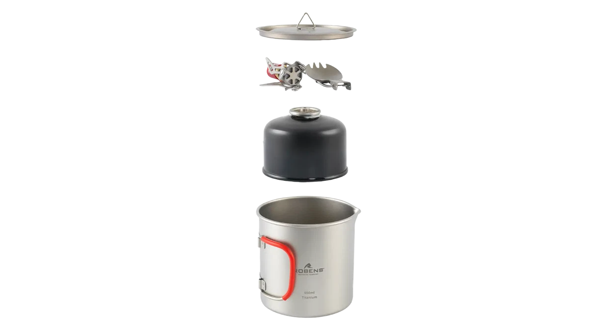 Robens Fire Wisp Solo Camping Cook Set with pot, pan, and utensils for outdoor cooking on camping trips.