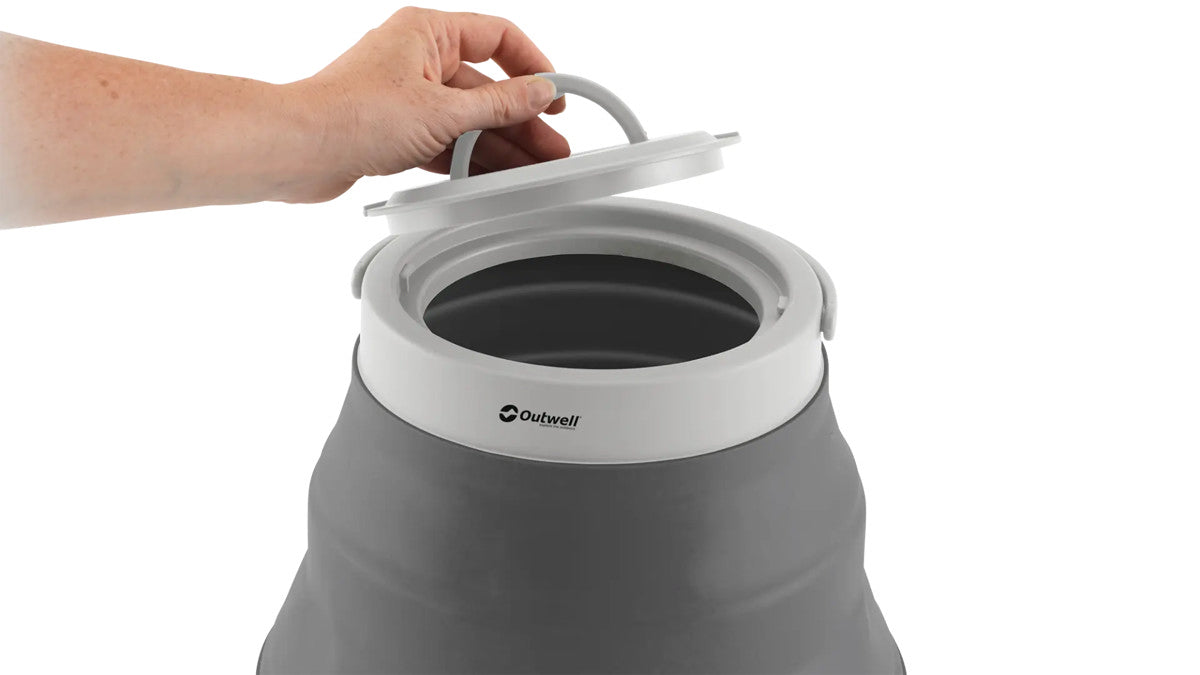 Outwell 12L collapsible grey mist water carrier for camping, foldable water container with handle for outdoor use.
