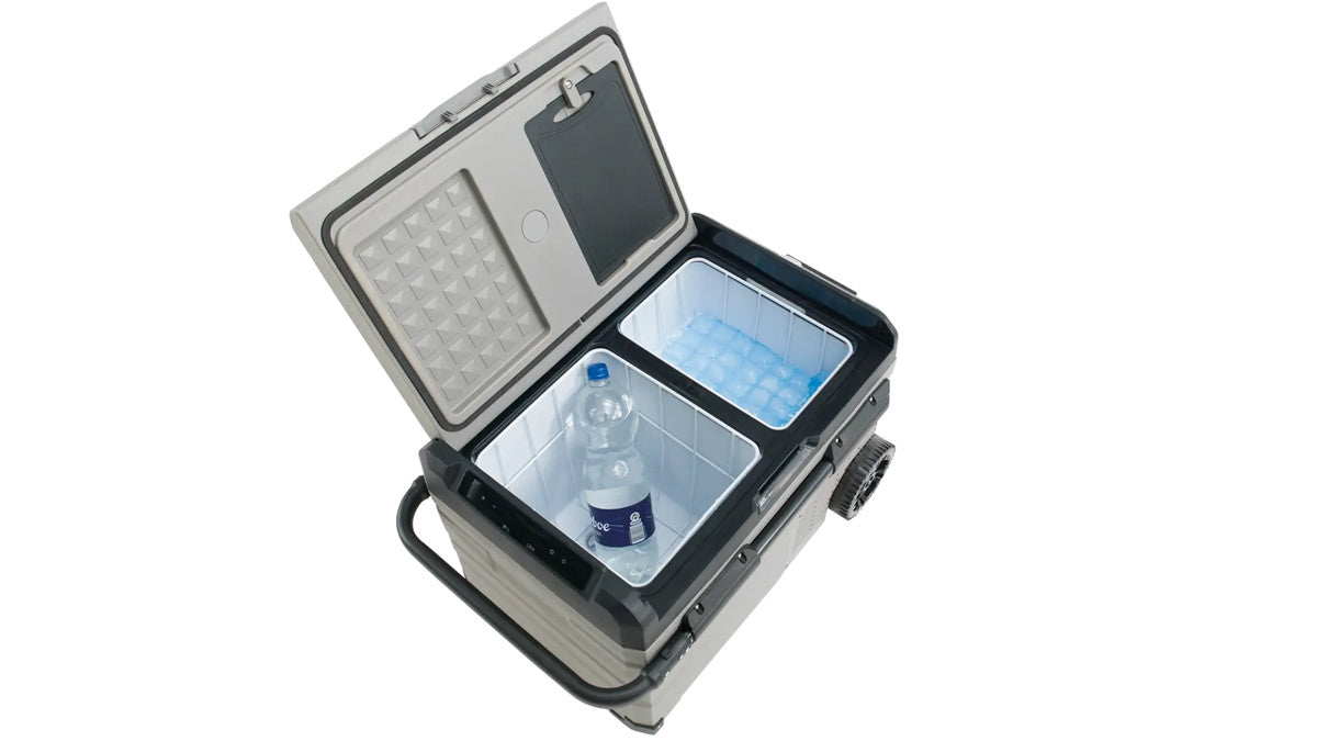 Outwell Arctic Frost 35 portable dual-zone compressor cooler with 37.5L capacity, accessories for camping or outdoor use.