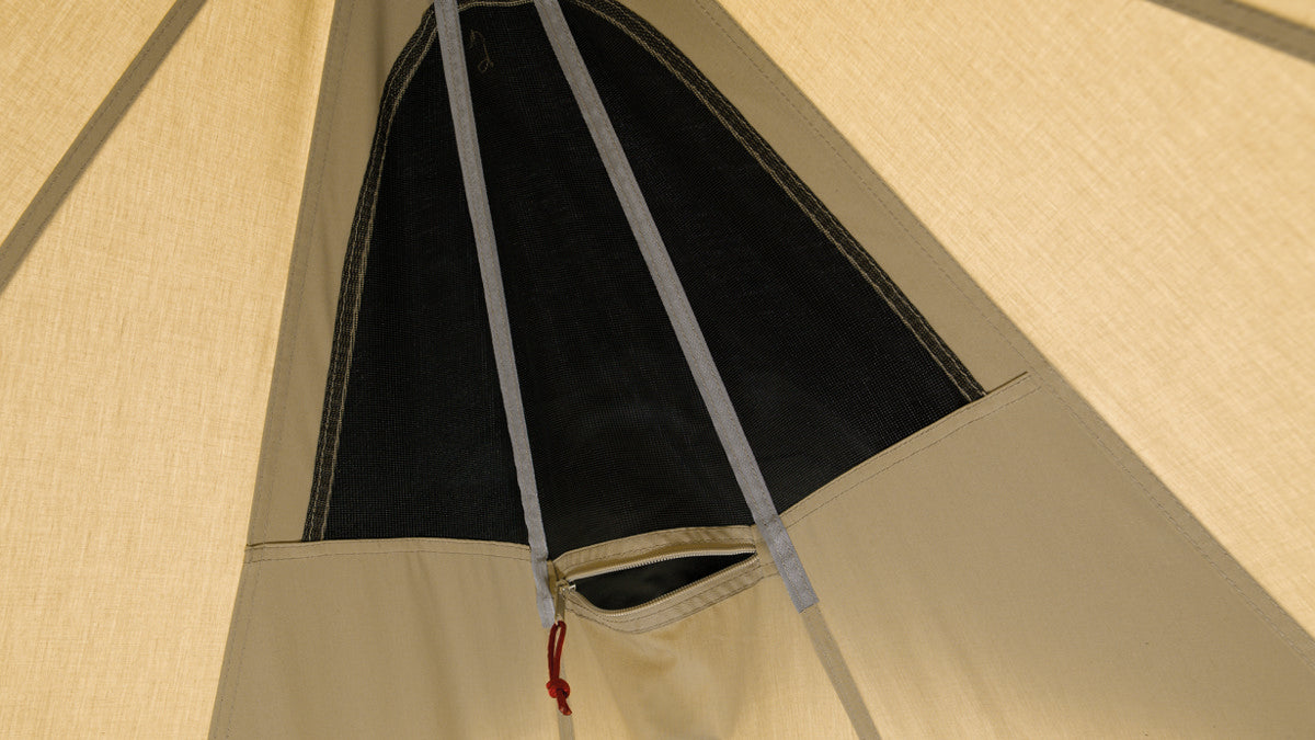 Robens Fairbanks Grande Tipi Tent, spacious 7-person polycotton camping tent set up outdoors with its tall, conical shape