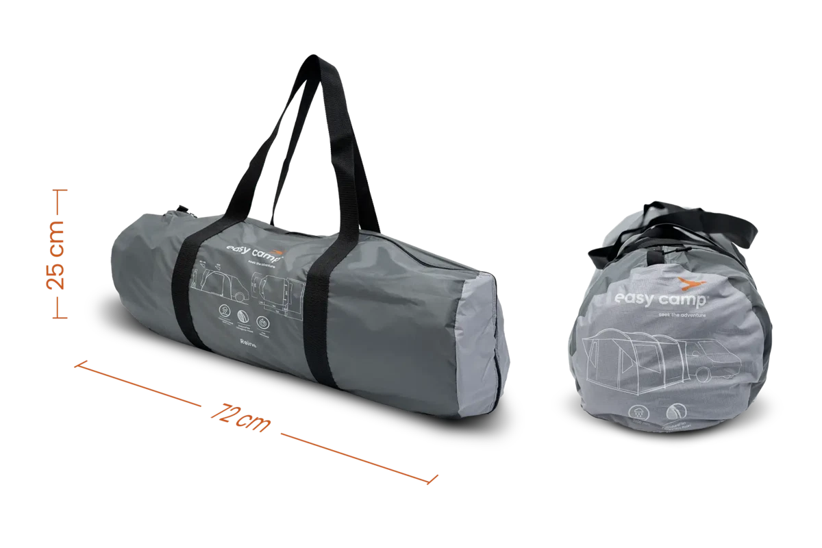 Easy Camp Reine drive-away van awning set up outdoors with fabric panels and support poles, ideal for camping trips.