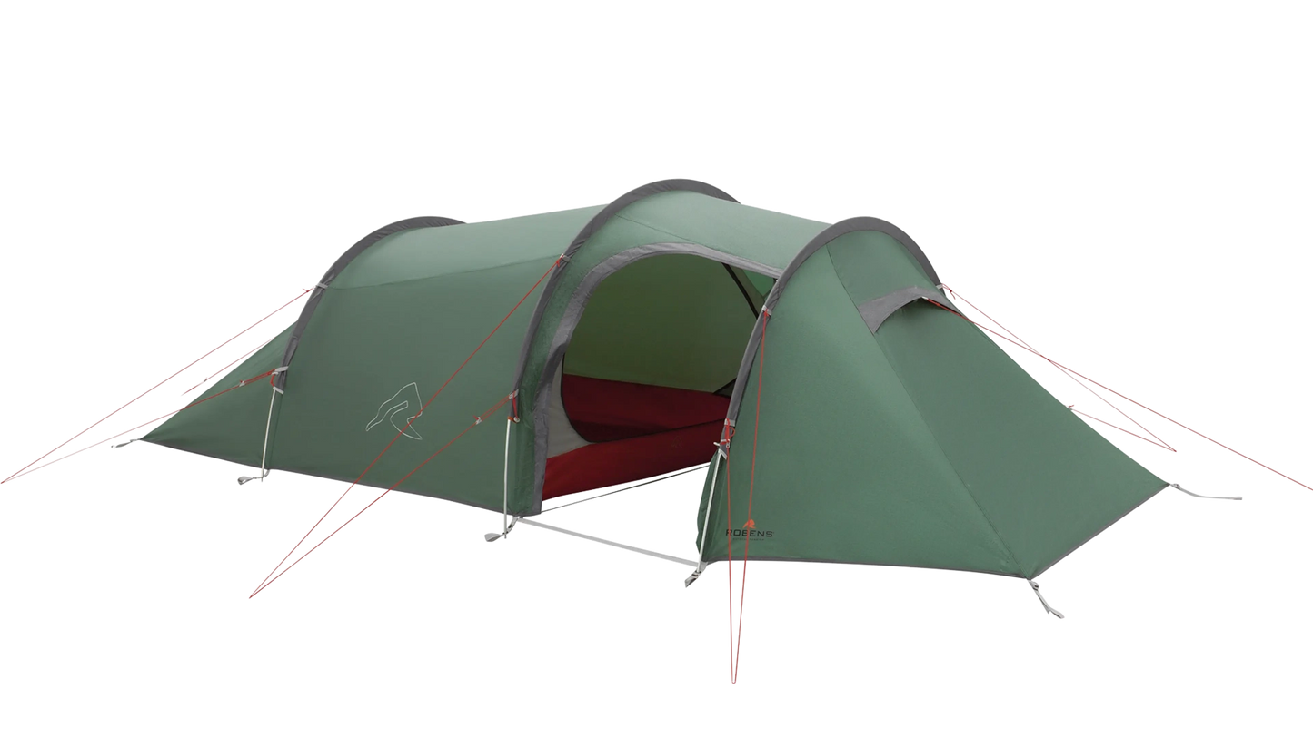 Robens Sage 3 PRO tunnel tent set up outdoors showing its spacious fabric structure and entrance doors in a natural camping environment.
