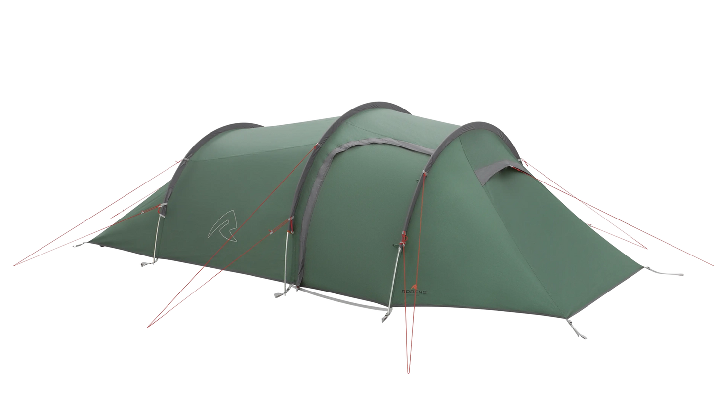 Robens Sage 3 PRO tunnel tent set up outdoors, showcasing its spacious design and durable construction for camping adventures.