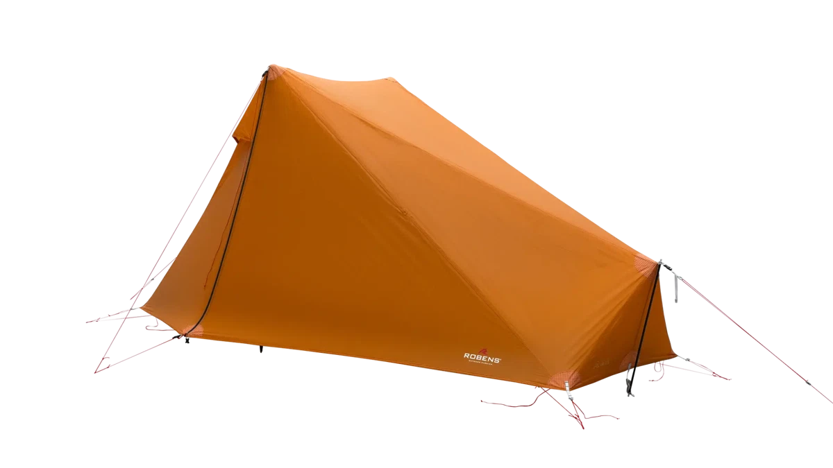 Robens Via 1 UL Trekking Pole Tent set up outdoors, showcasing lightweight, compact camping tent with rainfly and entrance.