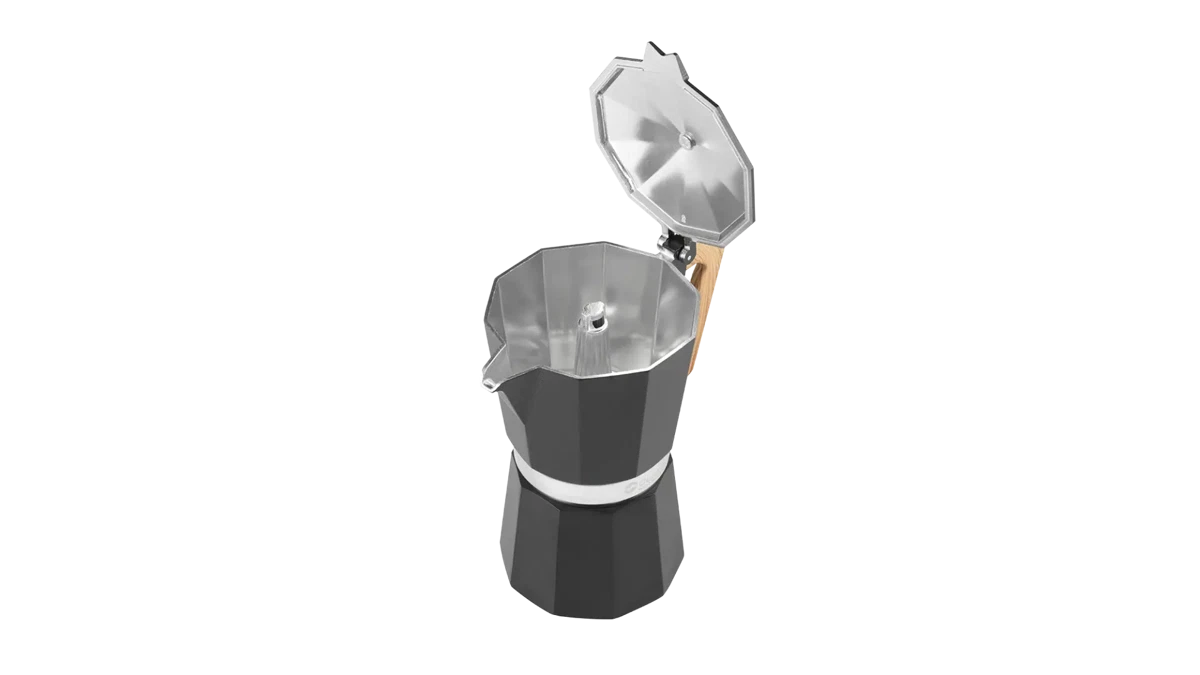 Outwell Brew Espresso Maker XL in stainless steel with handle, designed for efficient coffee brewing in the kitchen.