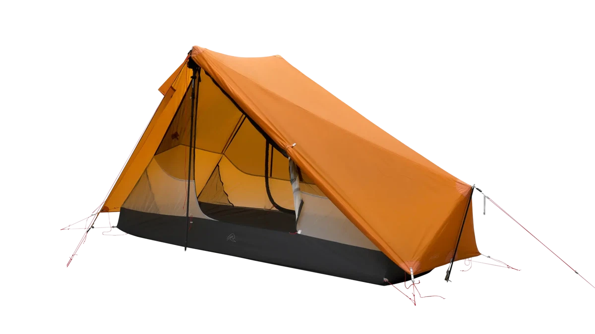 Robens Via 1 UL trekking pole tent set up outdoors, showing lightweight, compact camping tent with open entrance and sturdy fabric.