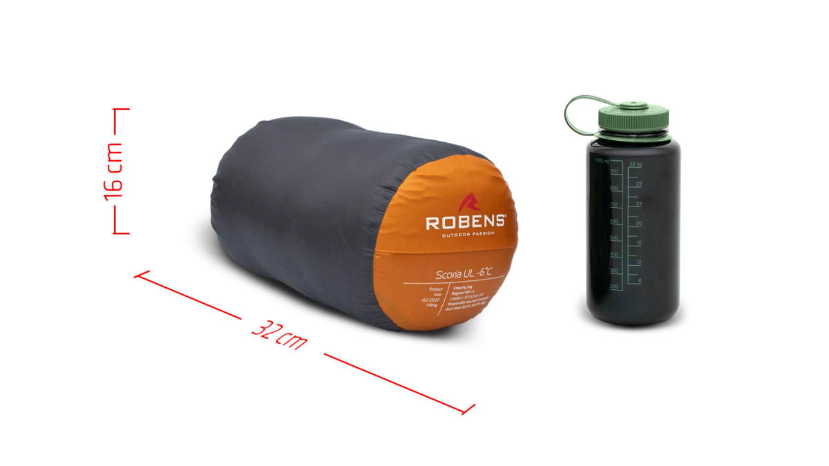 Robens Scoria UL -6°C sleeping bag displayed outdoors, lightweight and insulated for cold weather camping.