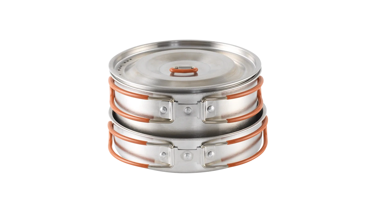 Easy Camp Moss Tour Cook Set with cooking pots and utensils, lightweight kitchenware for camping and outdoor cooking.