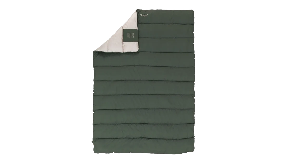 Outwell Campion leaf green duvet spread on bed, showcasing cozy bedding with a leafy green design for camping or outdoor use.