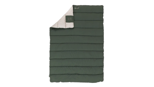 Outwell Campion leaf green duvet spread on bed, showcasing cozy bedding with a leafy green design for camping or outdoor use.