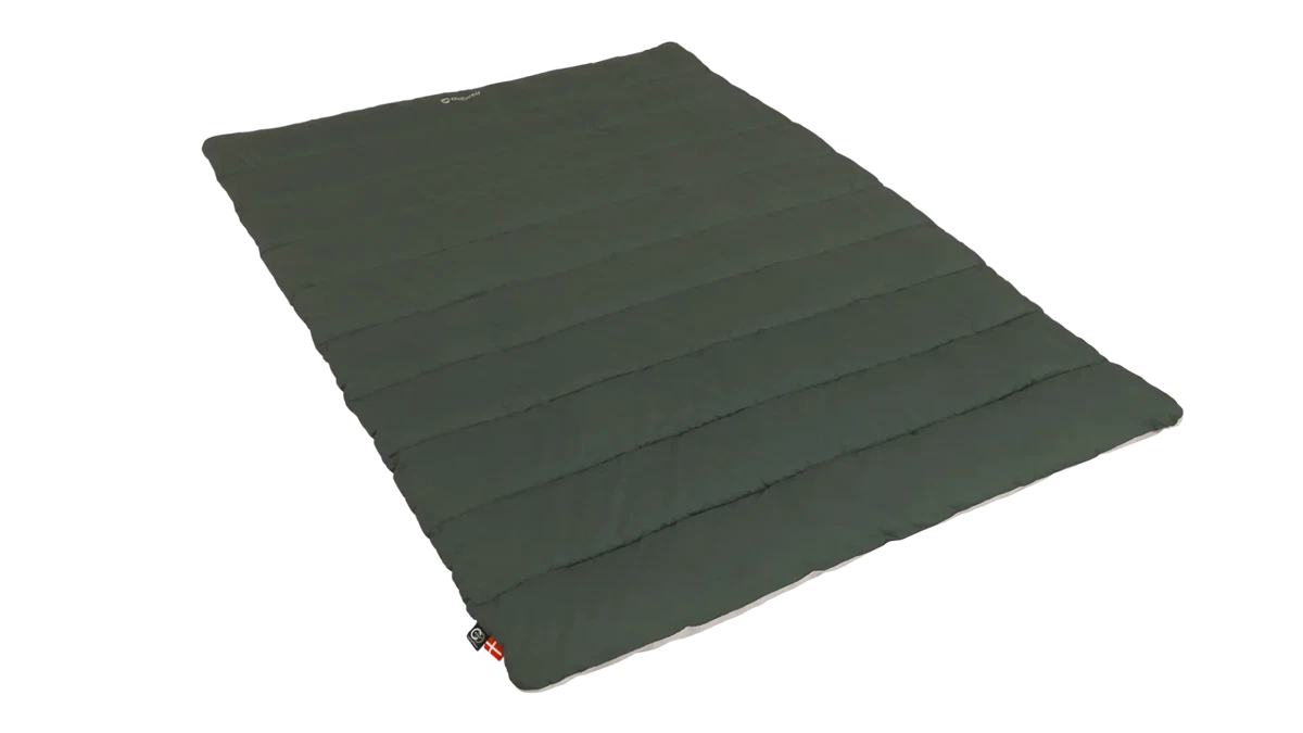 Outwell Campion leaf green duvet spread on bed, showcasing soft fabric and cozy bedding for camping or home use.