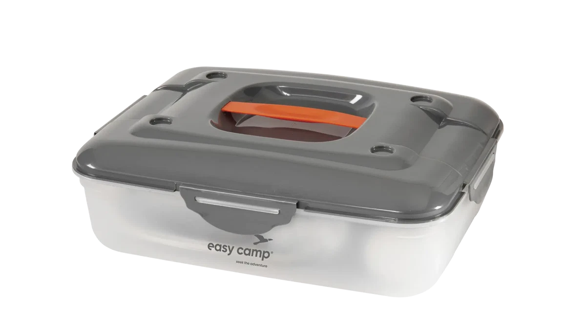 Easy Camp Picnic Box M tableware set with plates, cups, and utensils for outdoor dining, shown in the image.