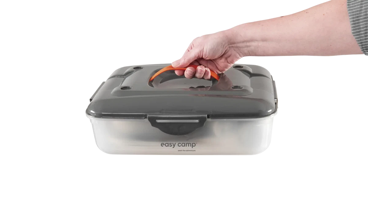 Easy Camp Picnic Box M tableware set with multiple compartments and utensils, ideal for outdoor picnics and meals.