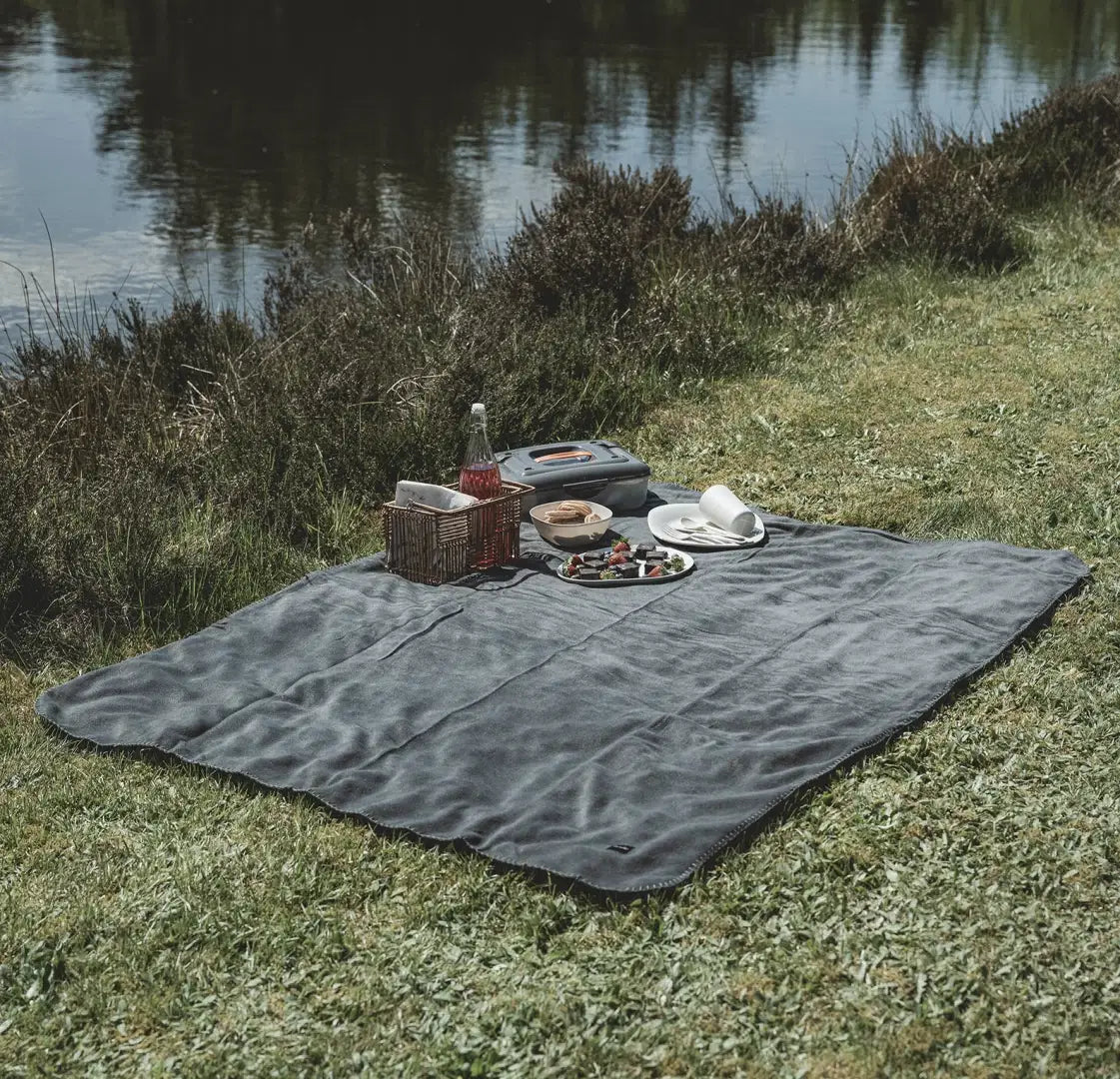 Easy Camp Picnic Box M tableware set with plates, cups, and utensils arranged for outdoor picnic use.