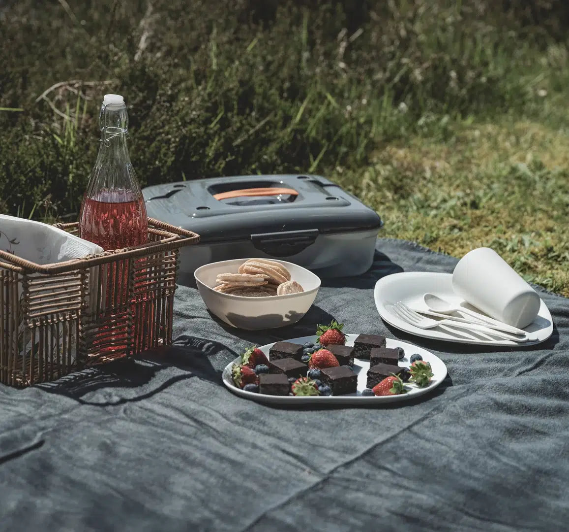 Easy Camp Picnic Box M, a portable tableware set with plates and utensils, perfect for outdoor picnics and camping.
