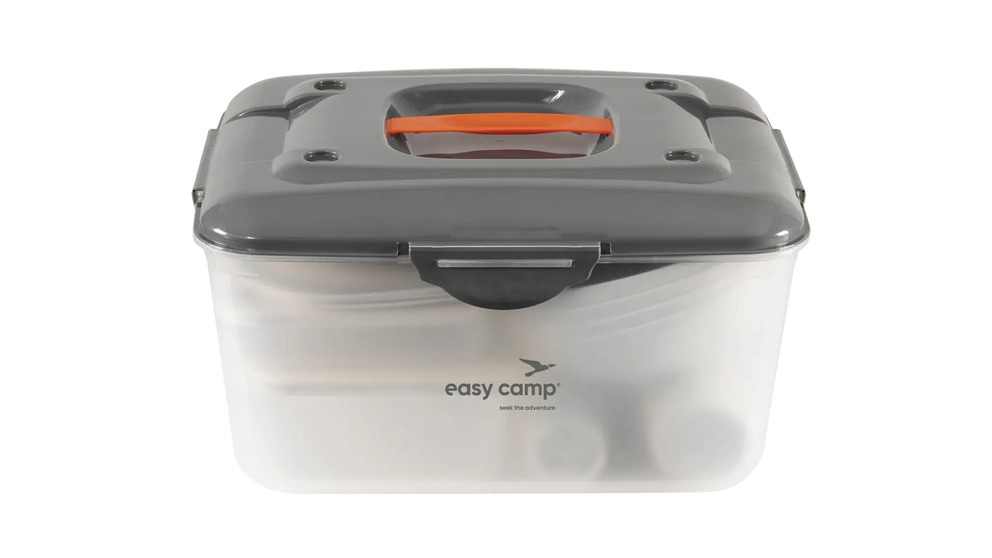 Easy Camp Picnic Box L tableware set with plates, cups, and utensils for outdoor dining, shown in the image.