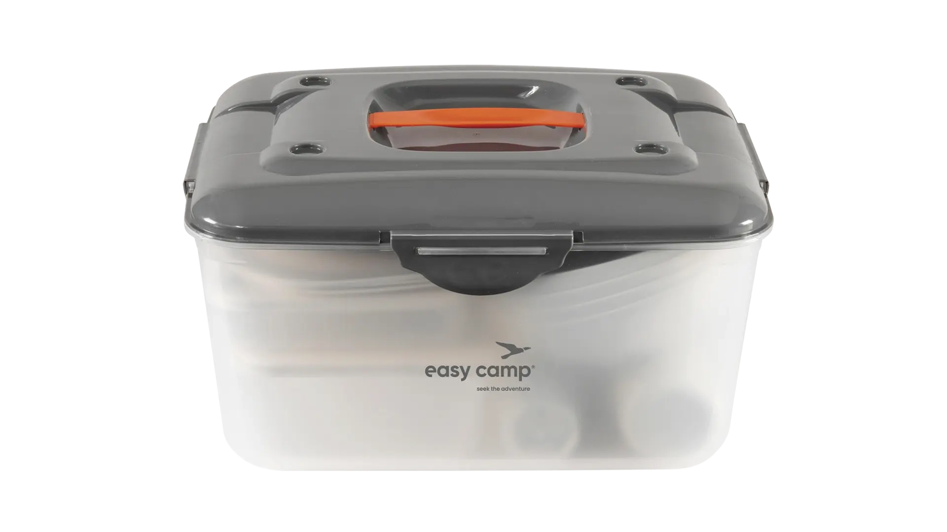 Easy Camp Picnic Box L tableware set with plates, cups, and utensils for outdoor dining, shown in the image.