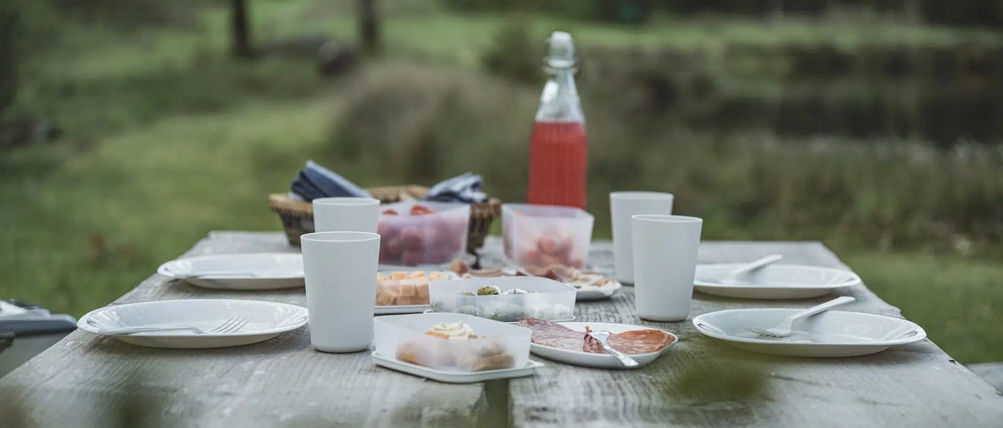 Easy Camp Picnic Box L tableware set with plates, cups, and utensils for outdoor picnics, displayed on a white background.