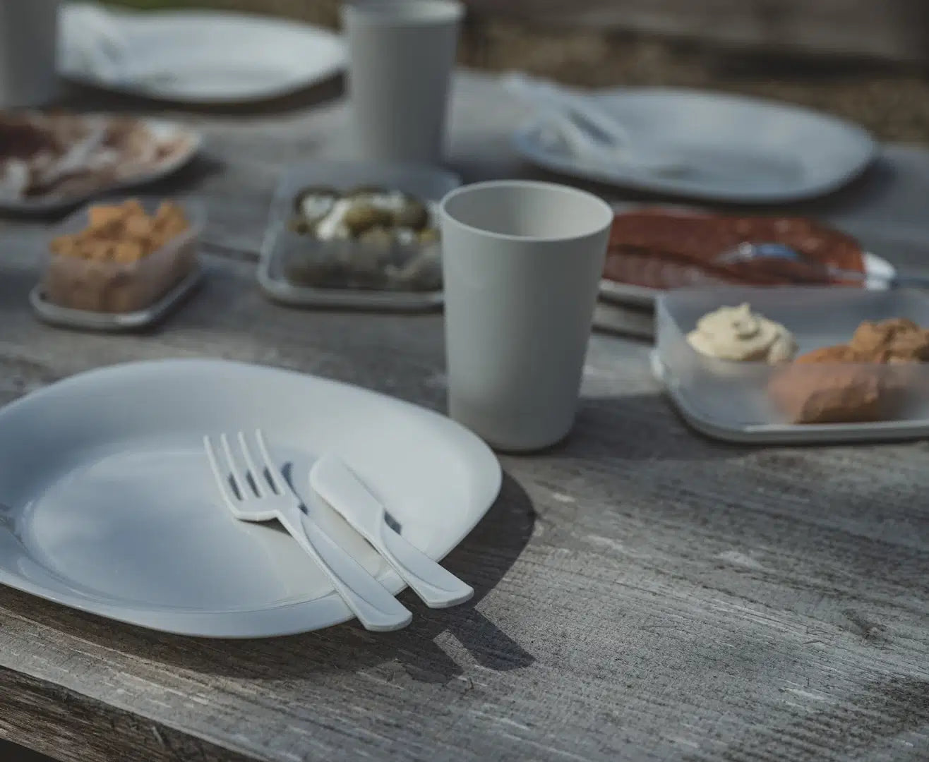 Easy Camp Picnic Box L tableware set with compartments, ideal for outdoor meals, featuring durable plastic construction and green color.