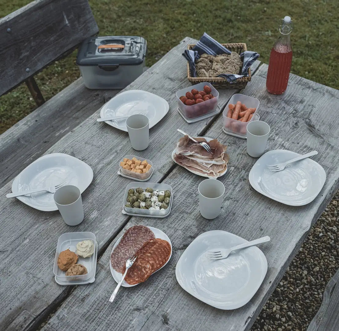 Easy Camp Picnic Box L tableware set with plates, cups, and utensils for outdoor dining, arranged on a picnic table.