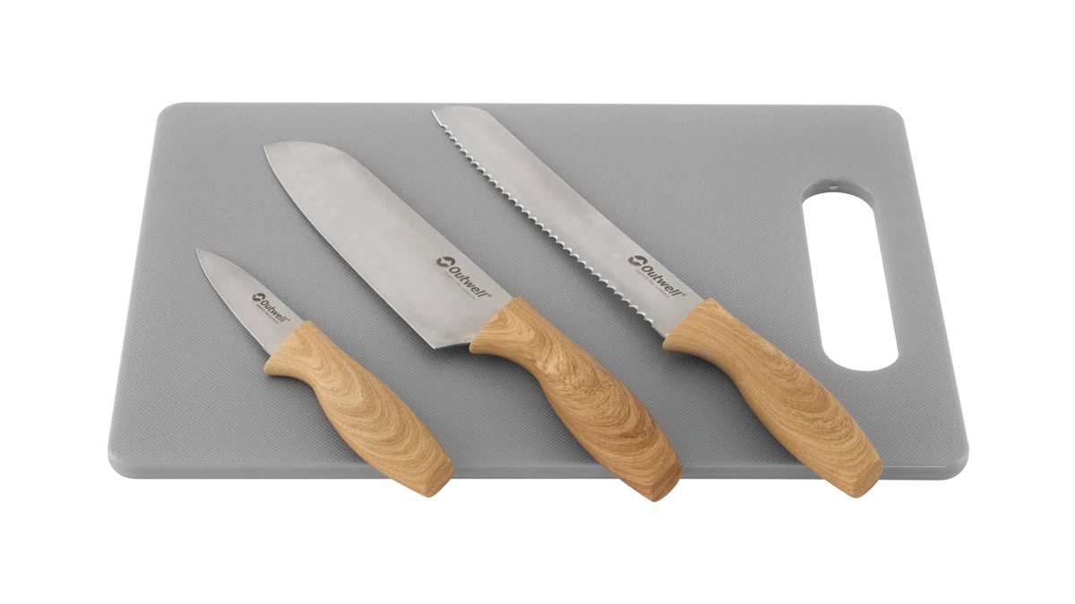 Outwell Caldas knife set with three kitchen knives and a wooden cutting board, displayed on a white background.