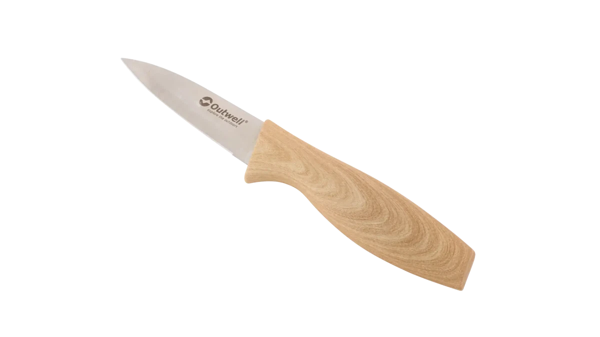 Outwell Caldas knife set with matching cutting board, featuring stainless steel knives and a wooden board for kitchen use.