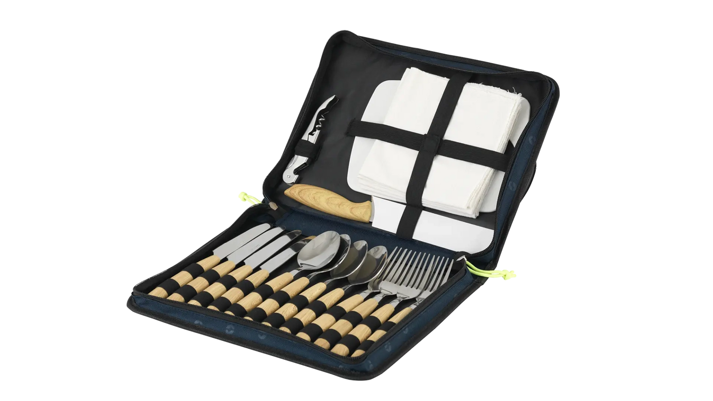 Outwell Morella Picnic Cutlery Set with stainless steel knives, forks, and spoons arranged on a table for outdoor dining.
