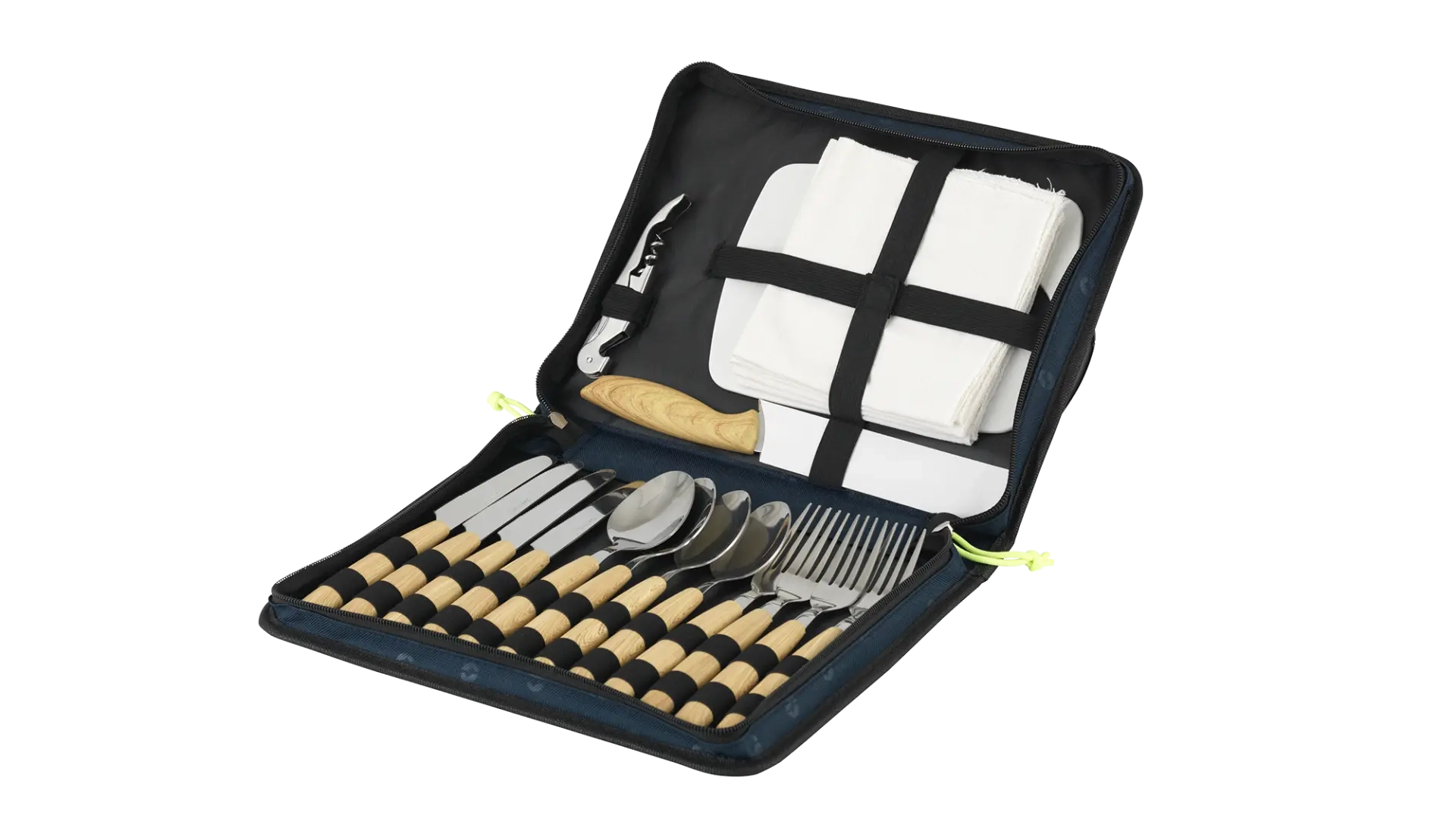 Outwell Morella Picnic Cutlery Set with stainless steel knives, forks, and spoons arranged on a table for outdoor dining.