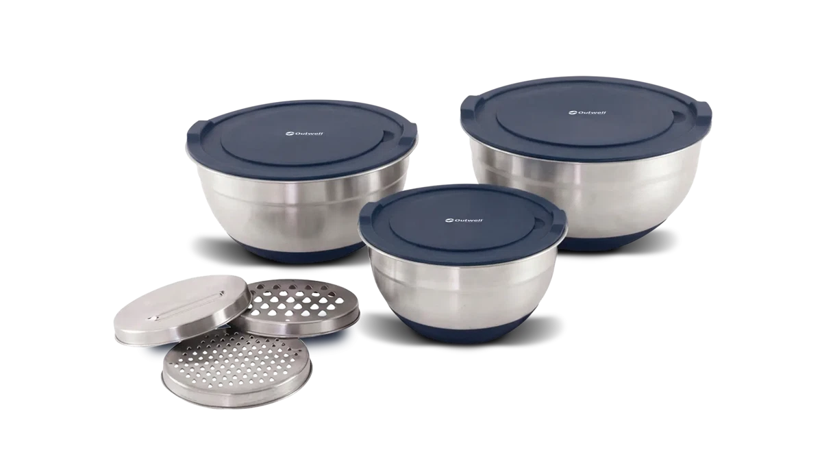 Outwell Chef Bowl Set with lids and graters, kitchenware for food prep, featuring multiple bowls with matching lids and graters.