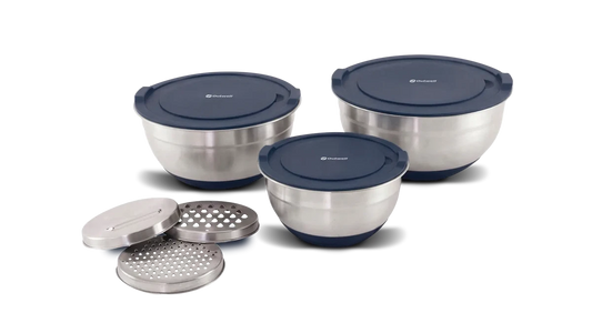 Outwell Chef Bowl Set with lids and graters, kitchenware for food prep, featuring multiple bowls with matching lids and graters.