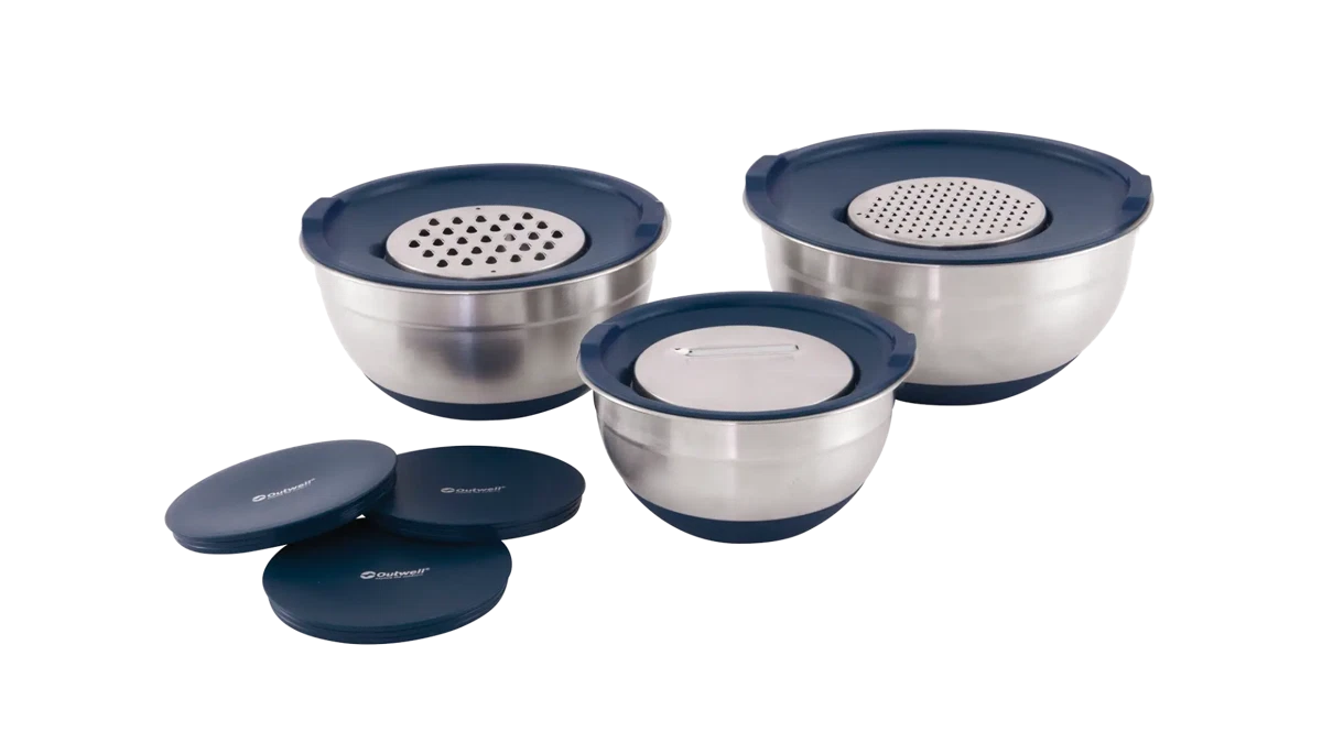 Outwell Chef Bowl Set with lids and graters, kitchenware including multiple bowls and accessories for food prep and serving.