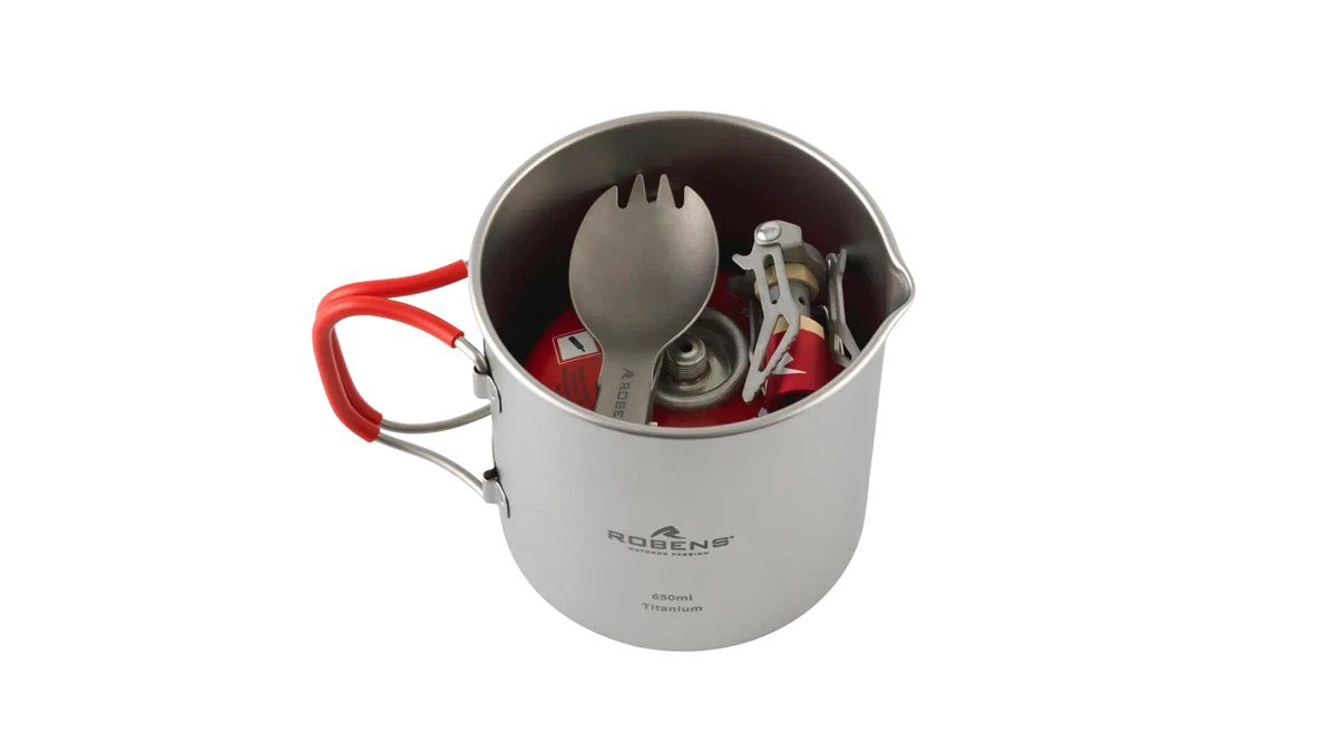 Robens Fire Wisp Solo Camp Cook Set with pot, lid, and utensils for outdoor cooking, compact and lightweight for camping adventures.