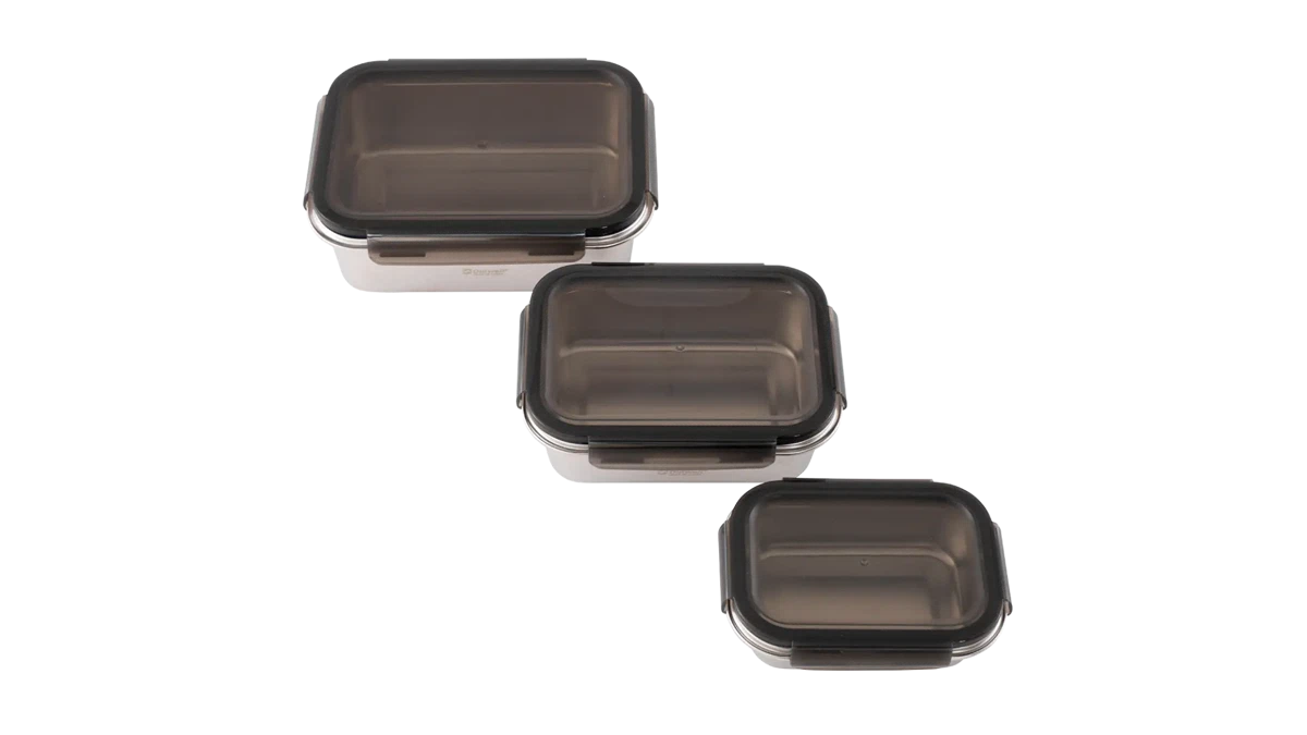 Outwell Camper Food Box Set kitchenware with multiple containers for organized food storage, featuring clear lids for easy identification.