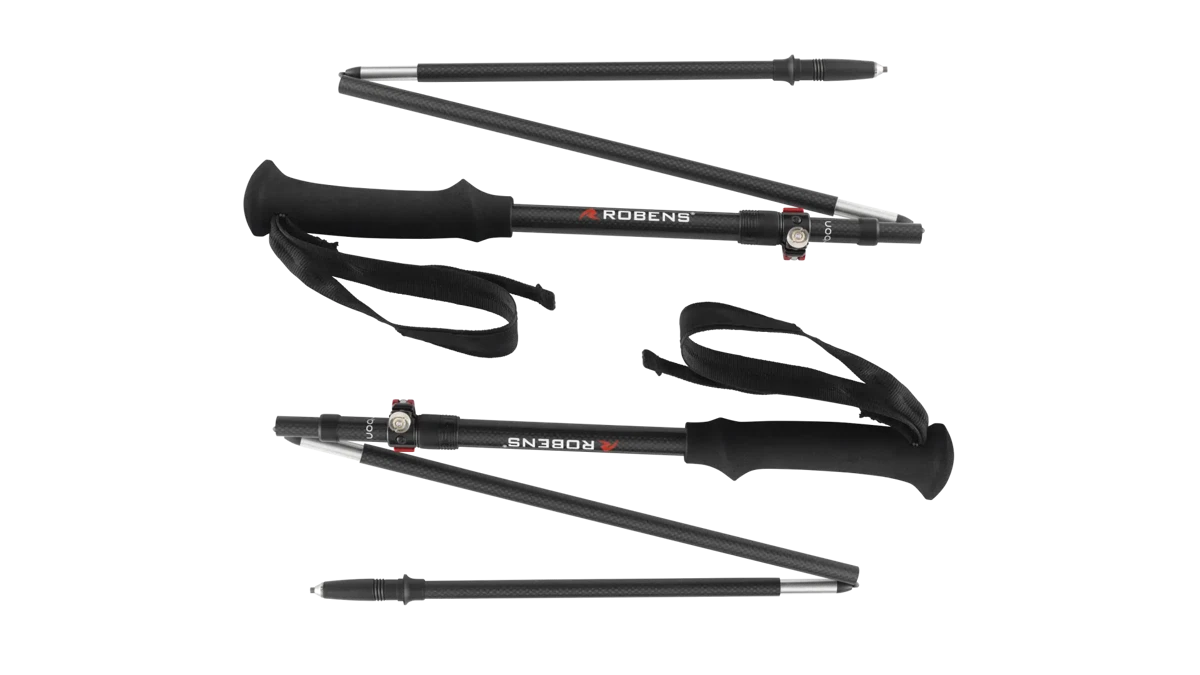 Robens Hawksdale Carbon UL walking poles with adjustable black and silver carbon shafts and ergonomic grips.