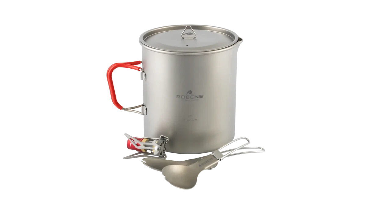 Robens Fire Wisp Duo Camping Cook Set with pots and utensils for outdoor cooking, compact and lightweight for camping adventures.