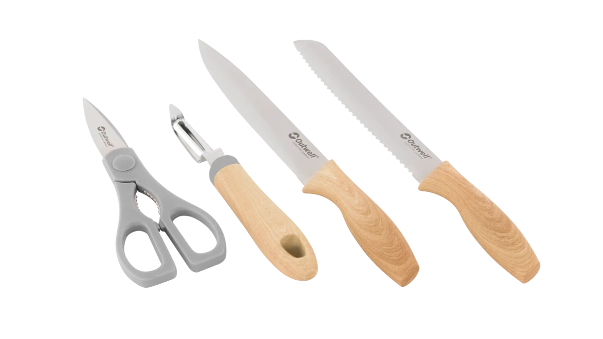 Outwell Chena knife set with peeler and scissors, kitchenware including stainless steel knives, peeler, and scissors for versatile cooking prep.