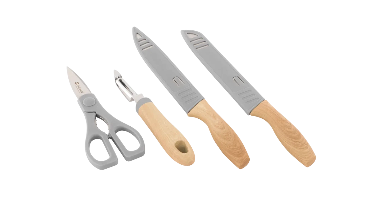 Outwell Chena knife set with peeler and scissors, kitchenware including stainless steel knives and tools for food preparation.
