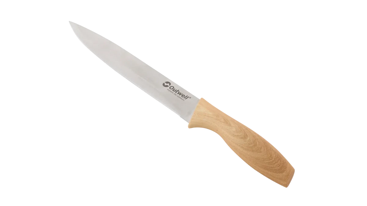 Outwell Chena kitchen knife set with peeler and scissors, featuring stainless steel blades and ergonomic handles for versatile cooking prep.