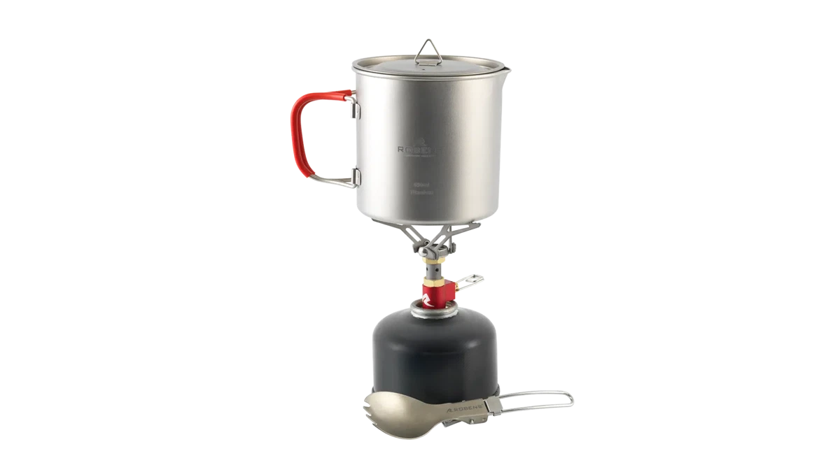 Robens Fire Wisp Solo Camping Cook Set UL with pot and utensils, lightweight and compact for outdoor camping and hiking adventures.