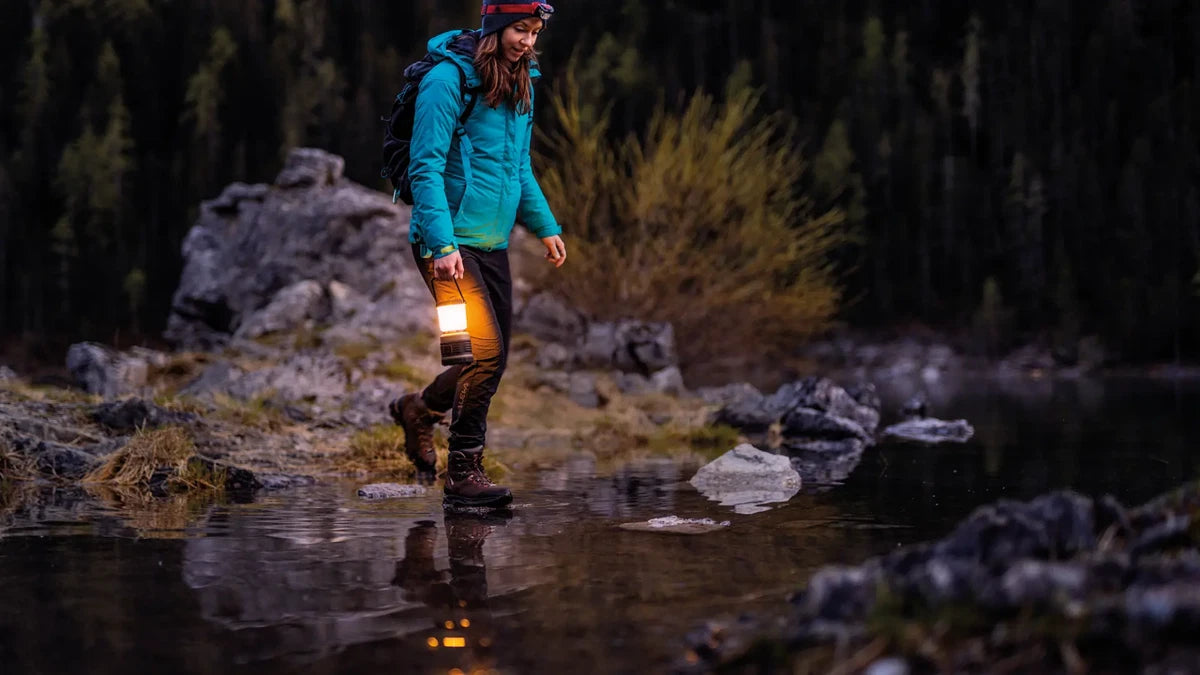 Robens Lighthouse Rechargeable LED lighting device with adjustable handle and bright illumination, ideal for outdoor or camping use.