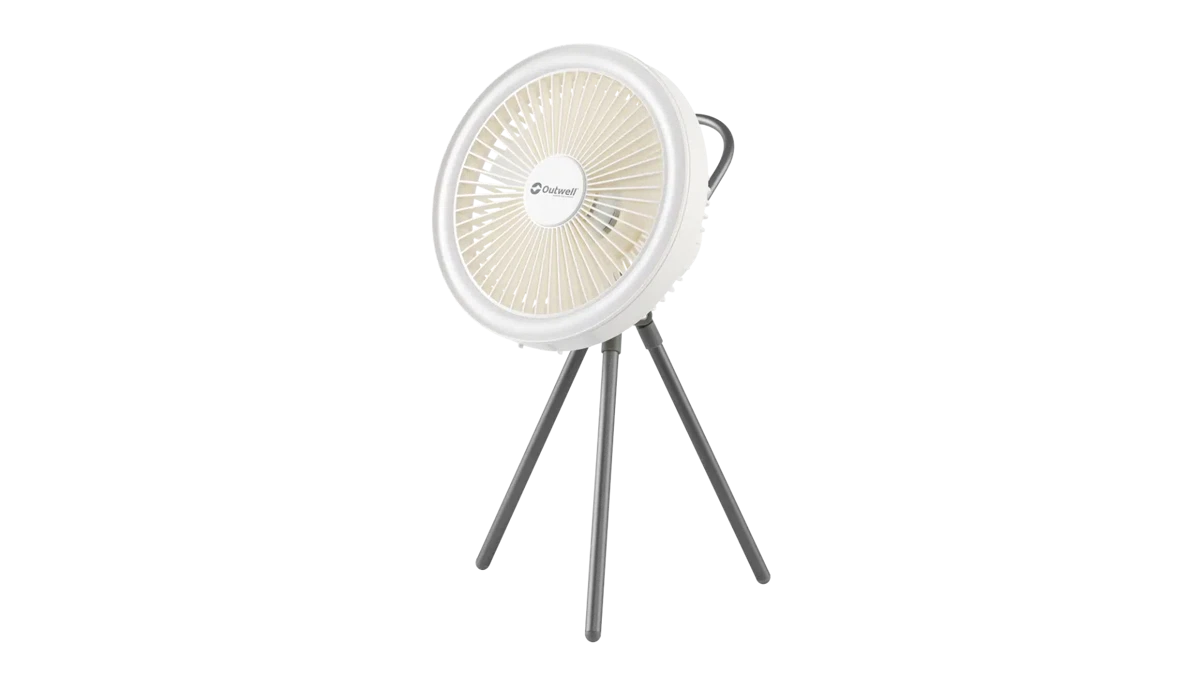 Outwell Eryon rechargeable fan showing a portable, compact fan with adjustable stand and fan blades in a neutral color.