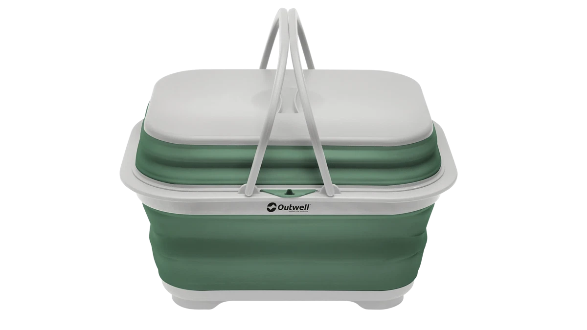 Outwell Collaps Washing Base with handle and lid in shadow green, compact and portable for outdoor washing and cleaning tasks.