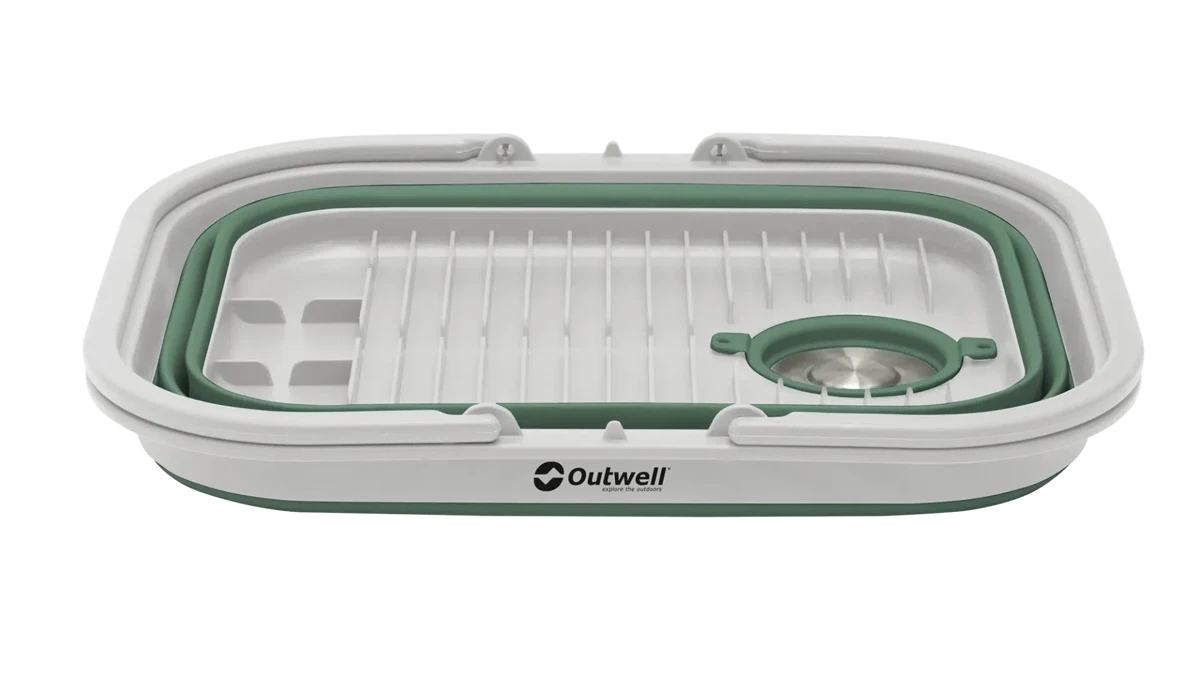 Outwell collapsible washing base with handle and lid in shadow green, lightweight and portable for outdoor laundry use.