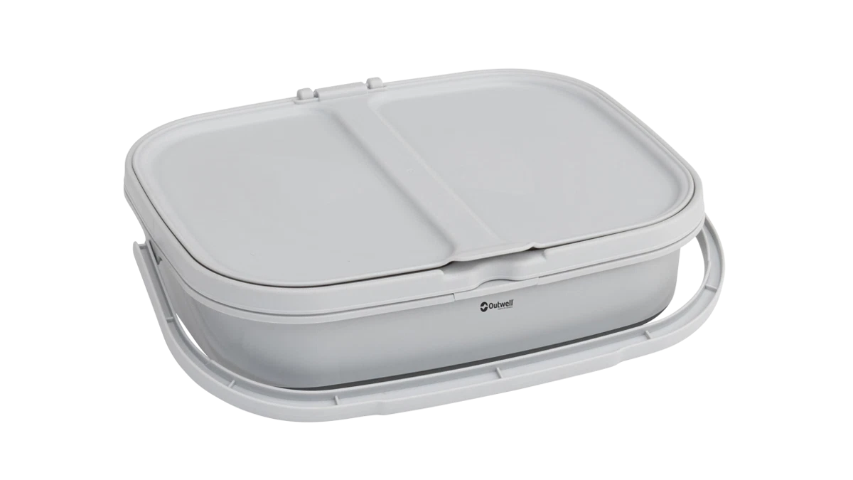 Outwell Collaps RecycleIt basket in Grey Mist, a collapsible storage bin with eco-friendly design and sturdy handles.